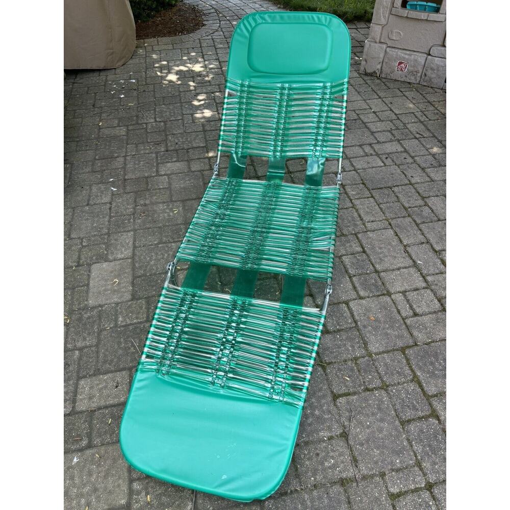 Vintage Tri Fold Jelly Tube Chaise Lounge Lawn Beach Chair Green Blue